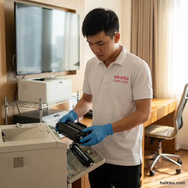 Thợ Hải Kiều đổ mực và vệ sinh hộp mực tại nhà khách