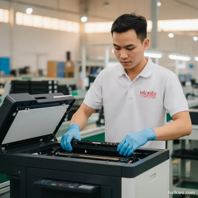 Hộp mực được vệ sinh và lắp lại để kiểm tra bản in sau khi đổ