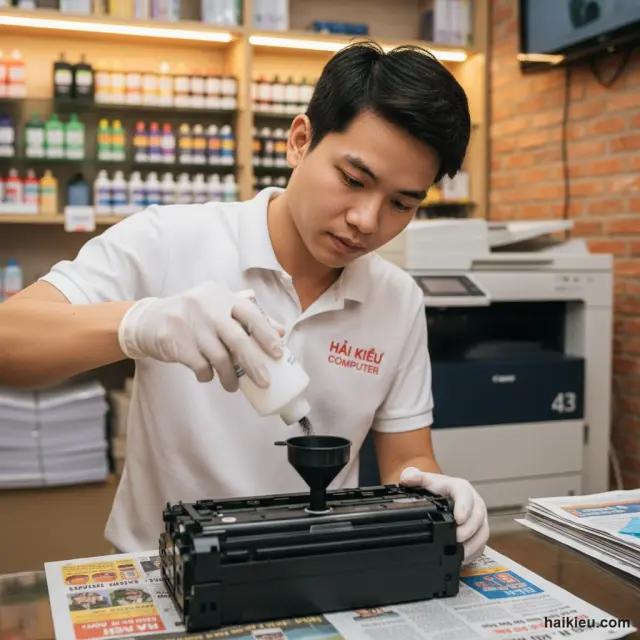 Kỹ thuật viên Hải Kiều kiểm tra hộp mực và bản in mẫu