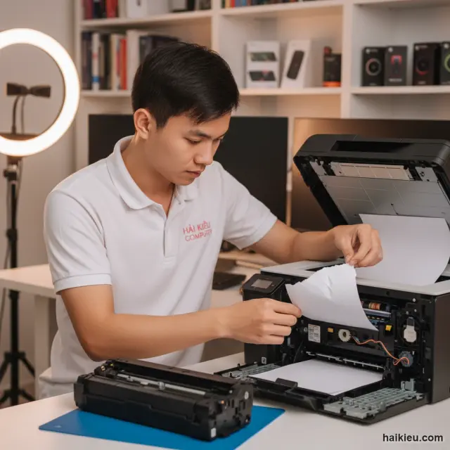 Kỹ thuật viên Hải Kiều kiểm tra máy in và đường giấy tại Đà Nẵng
