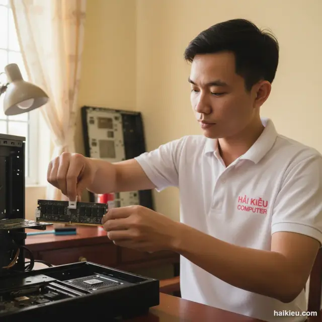 Kỹ thuật viên Hải Kiều kiểm tra PC tại Thanh Khê