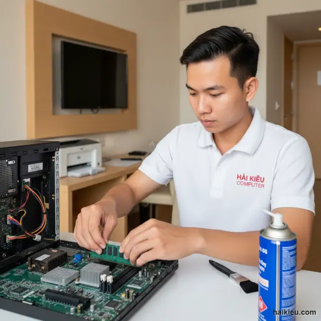 Kỹ thuật viên Hải Kiều kiểm tra PC tại Liên Chiểu