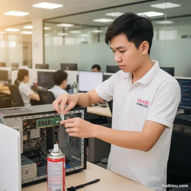 Kỹ thuật viên Hải Kiều kiểm tra máy tính tại Hòa Vang