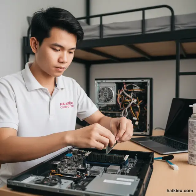 Kỹ thuật viên Hải Kiều kiểm tra máy tính văn phòng tại Đà Nẵng