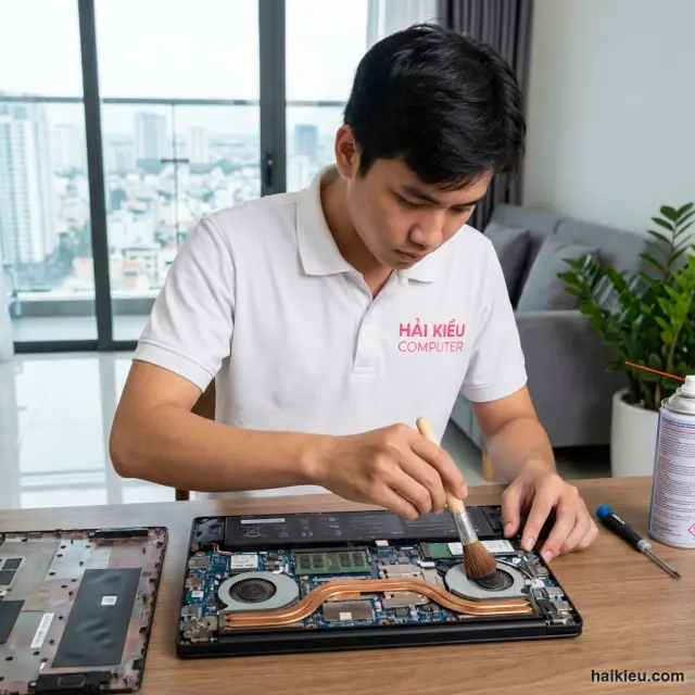 Ảnh thực tế kỹ thuật viên HẢI KIỀU COMPUTER kiểm tra lỗi: laptop không sạc hoặc sạc chập chờn