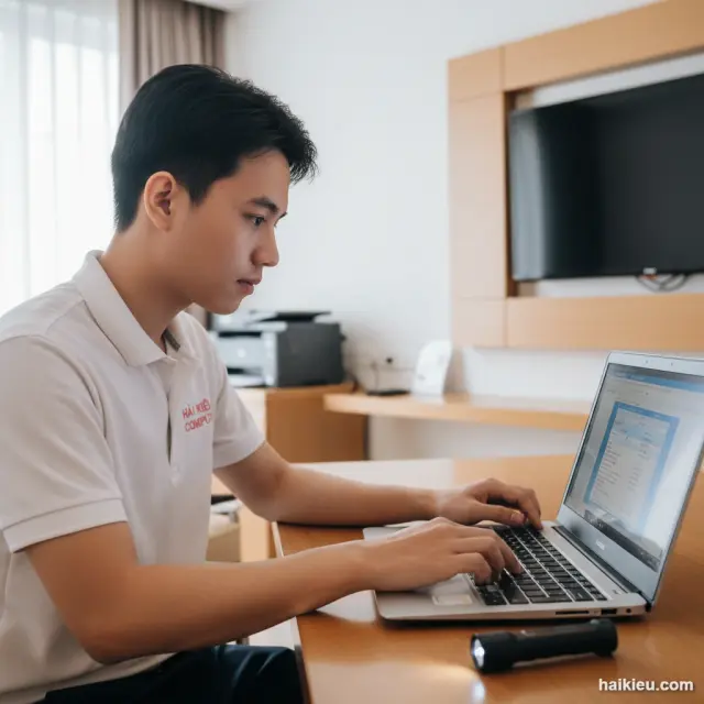 Kỹ thuật viên Hải Kiều kiểm tra lỗi sạc laptop tại Thanh Khê Đà Nẵng