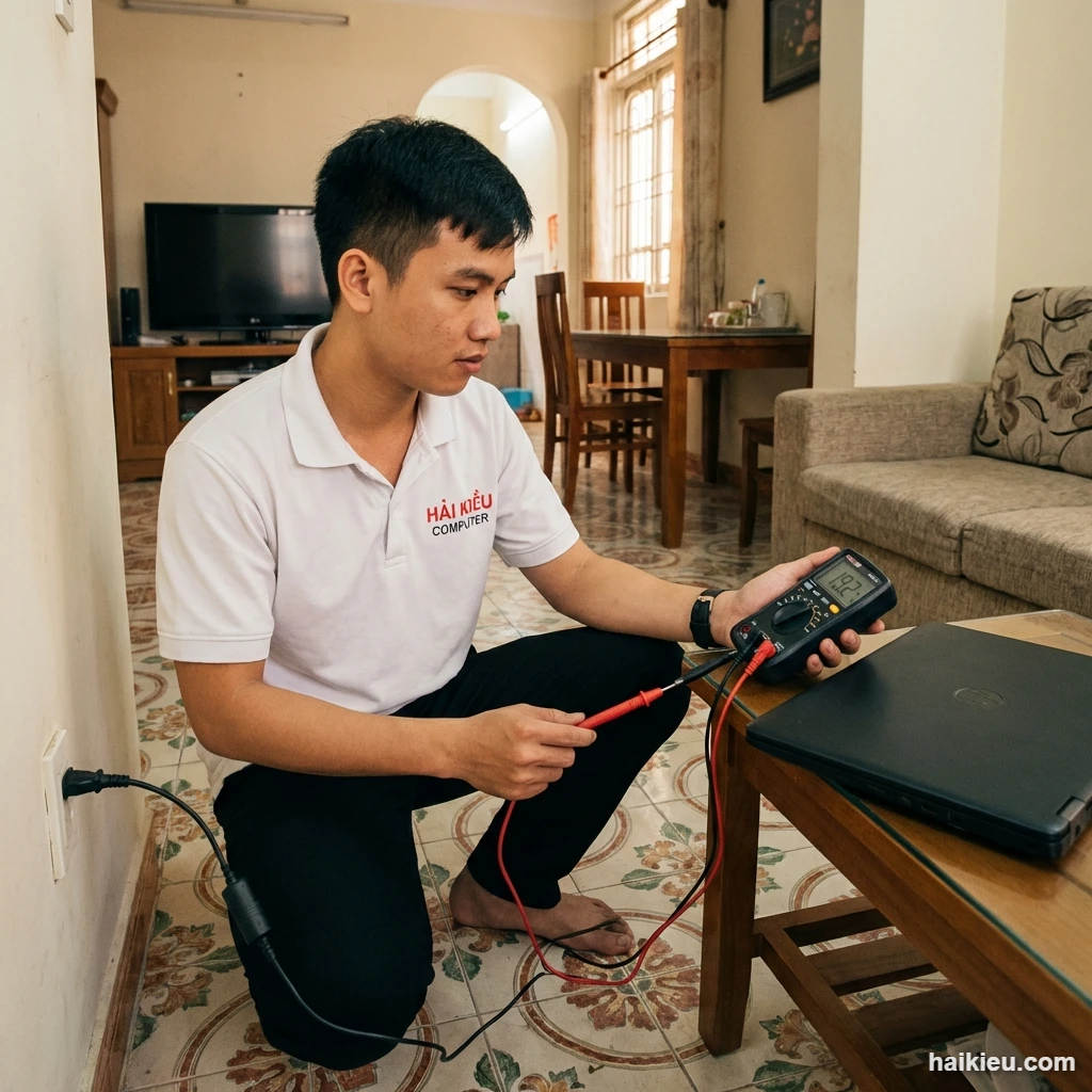 Ảnh thực tế kỹ thuật viên HẢI KIỀU COMPUTER xác minh kết quả xử lý: Laptop không lên nguồn: checklist kiểm tra an toàn trước khi gọi thợ